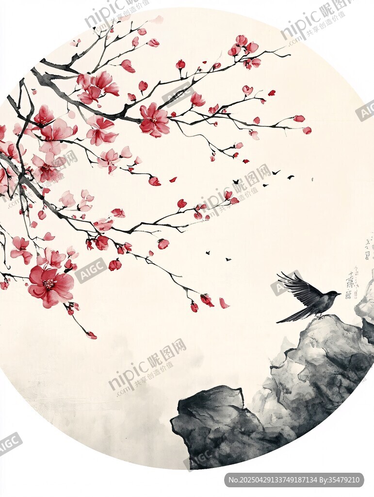 墨韵红梅飞鸟图