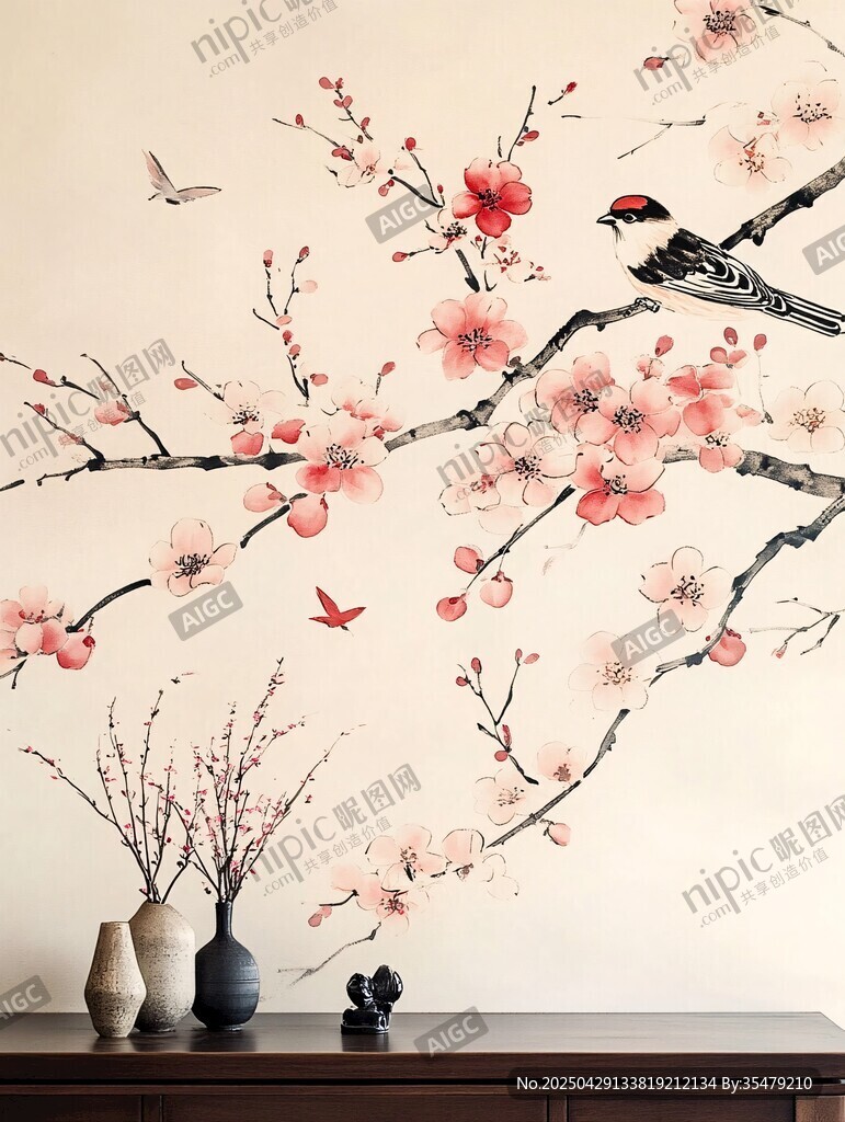 中式花鸟墙绘 雅致家居风