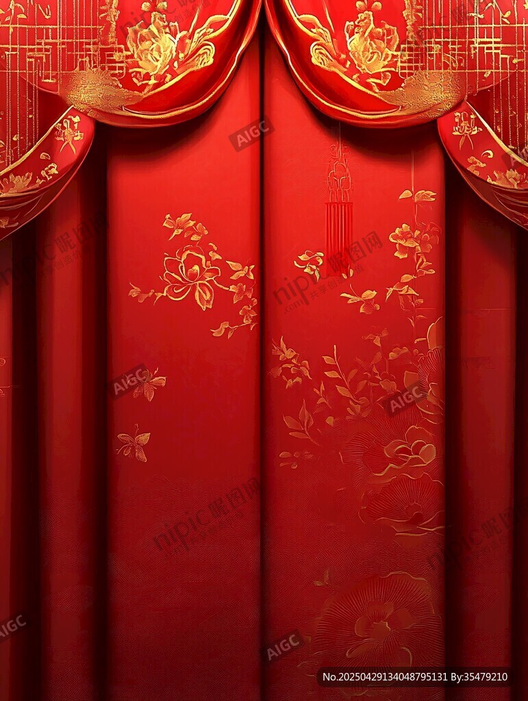 中式红金刺绣华丽幕布