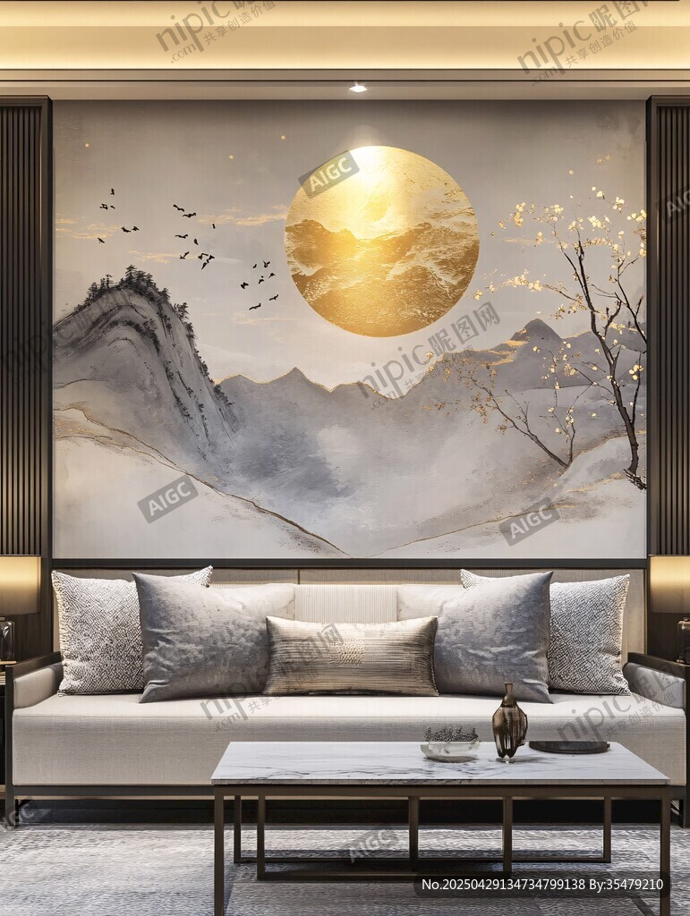 中式客厅的山水圆月壁画