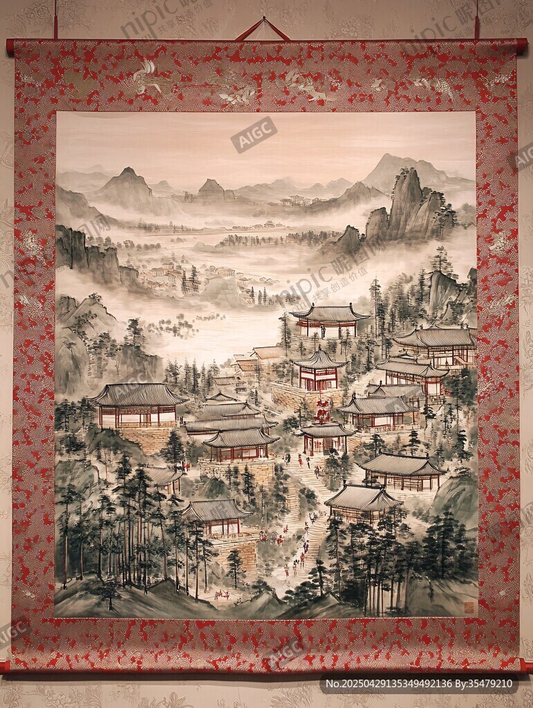 中式山水楼阁挂轴画