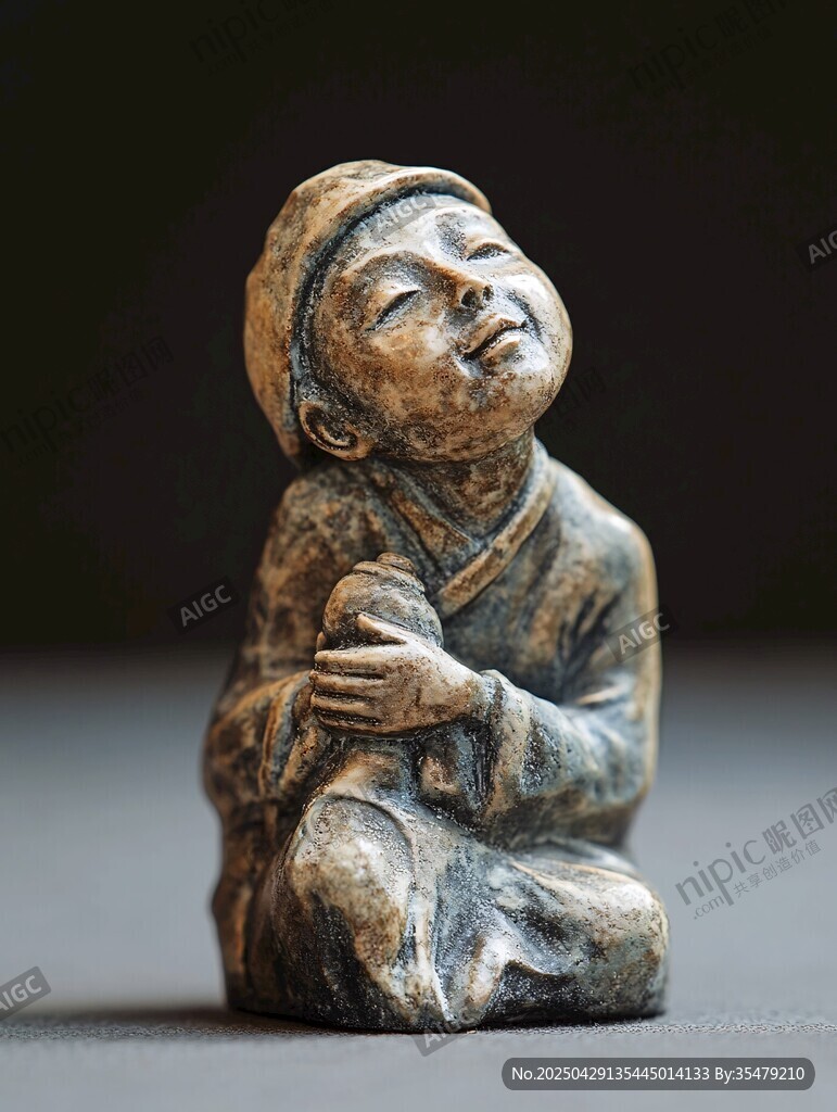 古代孩童坐姿陶俑摆件