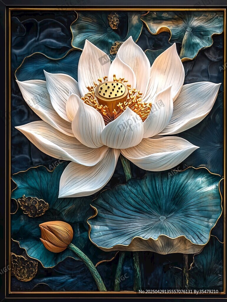 立体浮雕白莲花与荷叶