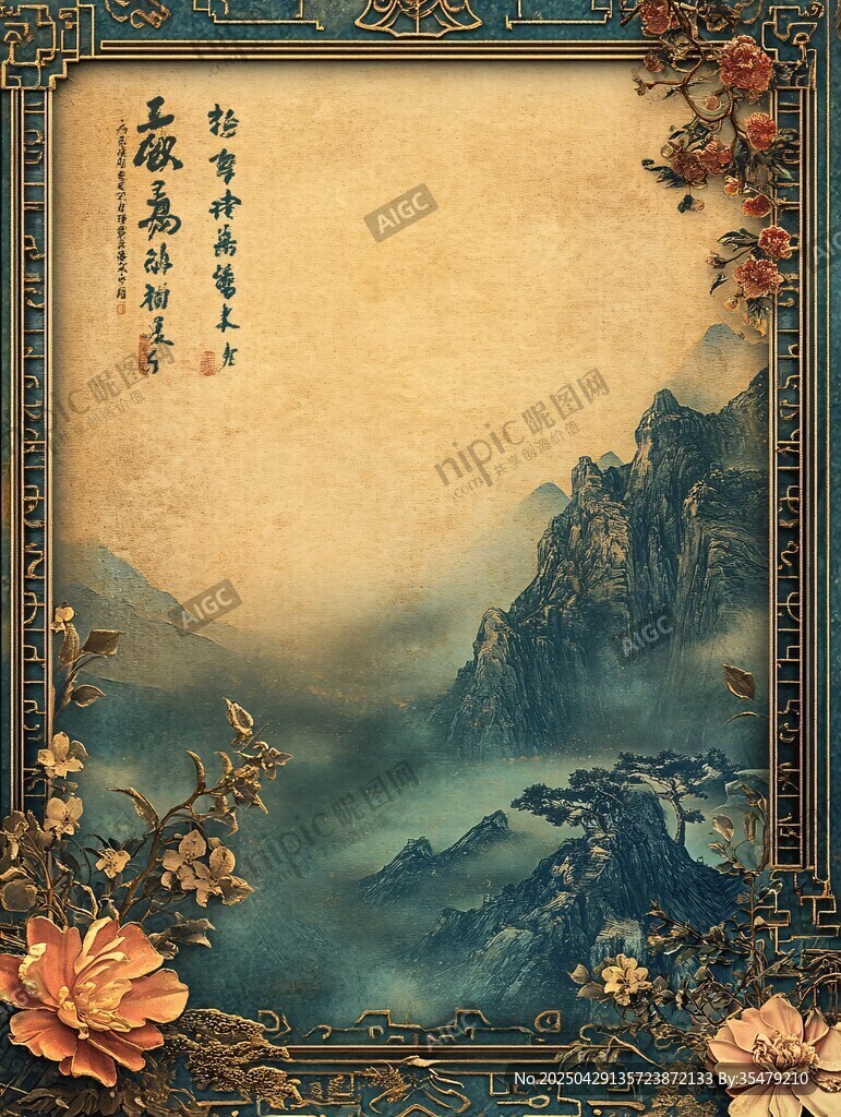中式古风山水花卉边框图