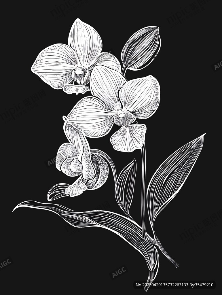 黑白手绘兰花花卉图案