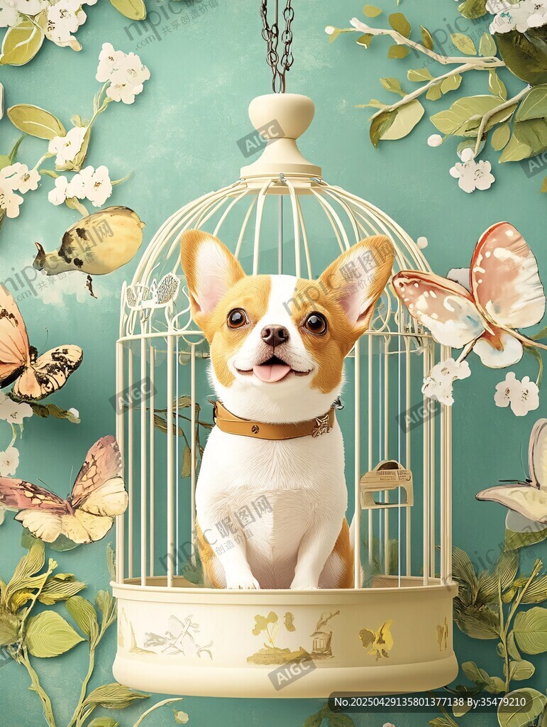 笼中萌犬与蝶花共舞