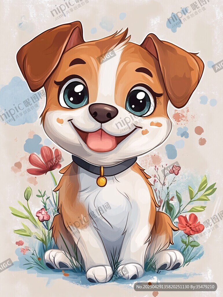 可爱小狗坐于花丛中