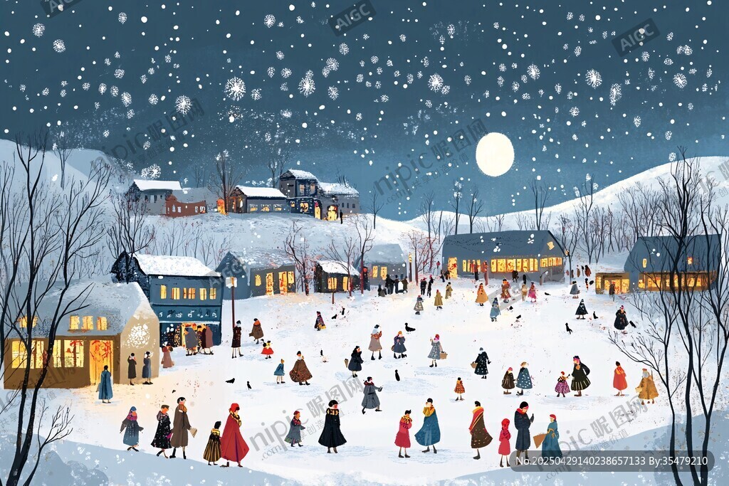 雪夜小镇的欢乐滑冰场景