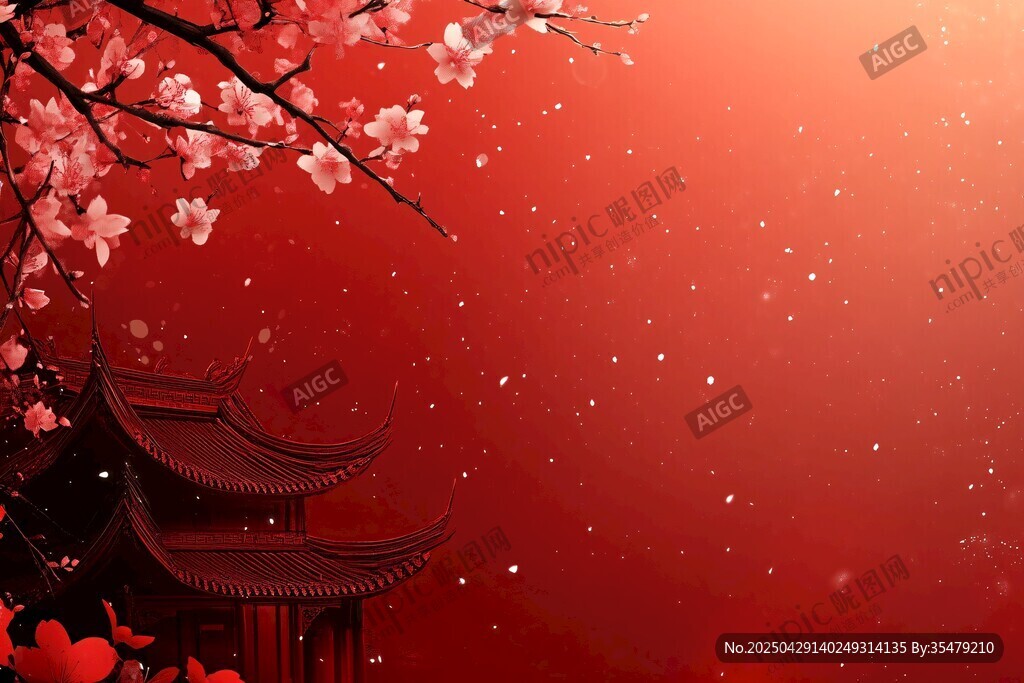 红墙繁花下的中式古建筑
