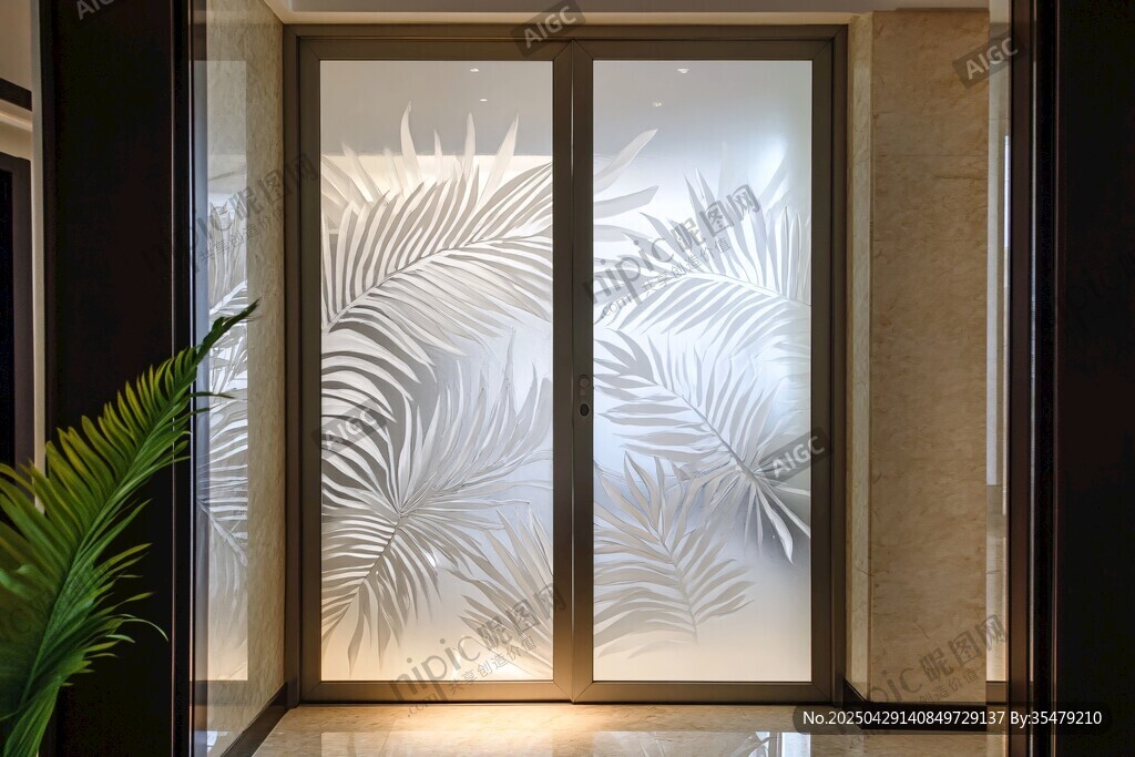 棕榈叶图案玻璃双开门