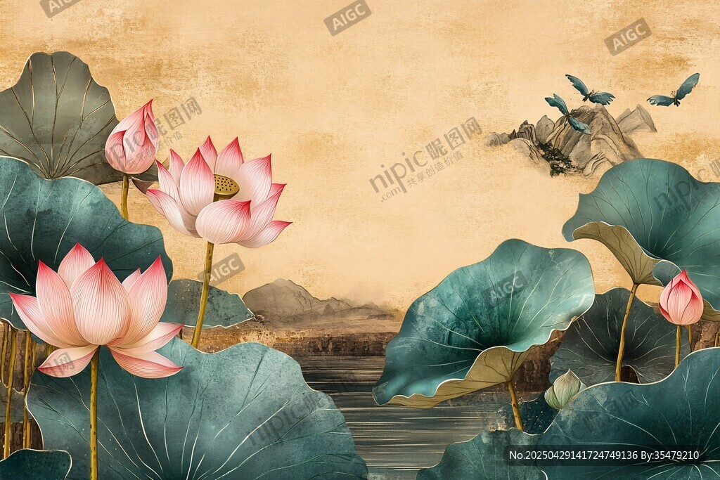 水墨荷花飞鸟中式风景图