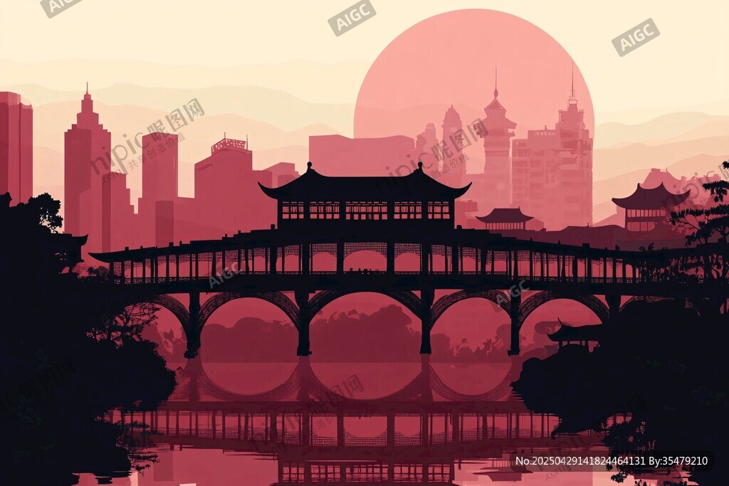夕阳下的中式桥与城市景观