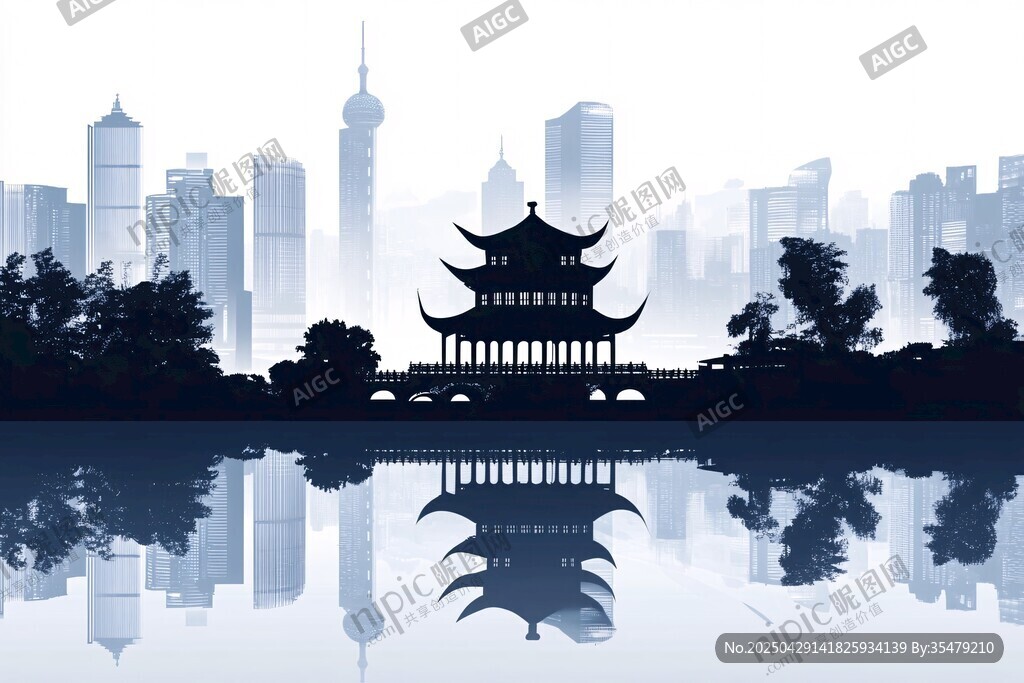 水墨风格下的城市与古典建筑