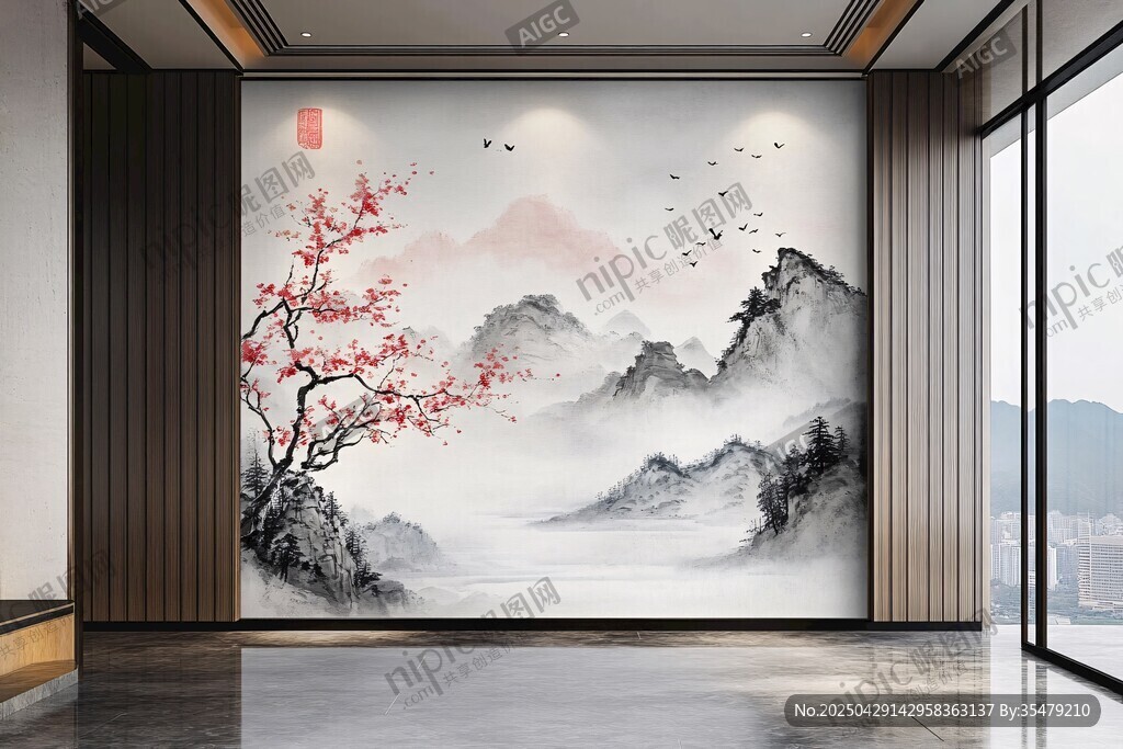 中式山水壁画 雅致室内风光