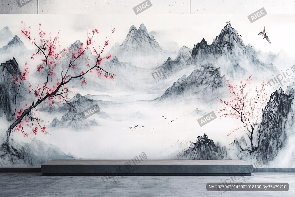 中式山水梅花意境背景墙