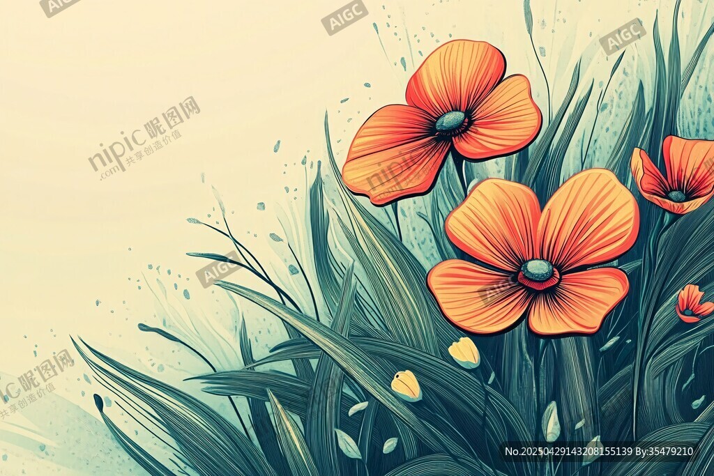 橙花绿叶的清新花卉图景