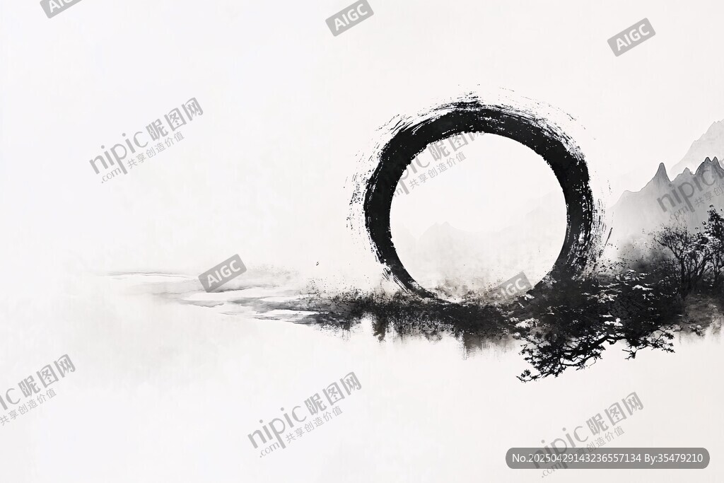 水墨圆环山水意境图