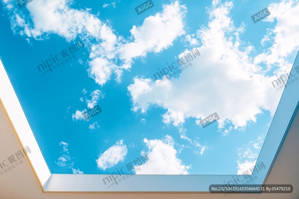 仰望天窗处的蓝天白云
