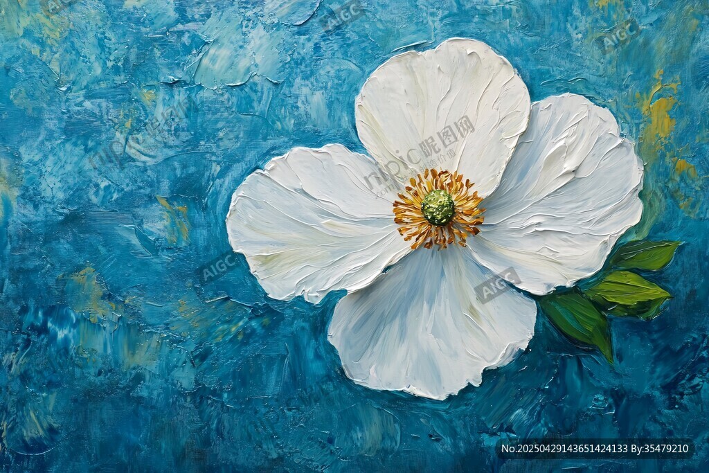 蓝底白花朵油画艺术之美