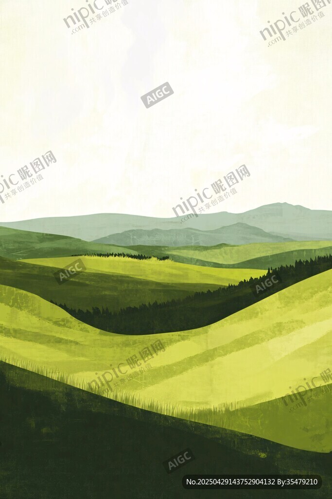 翠绿山丘田园风光图景
