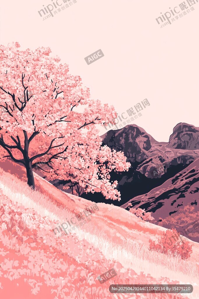 粉色山峦间的烂漫樱花树