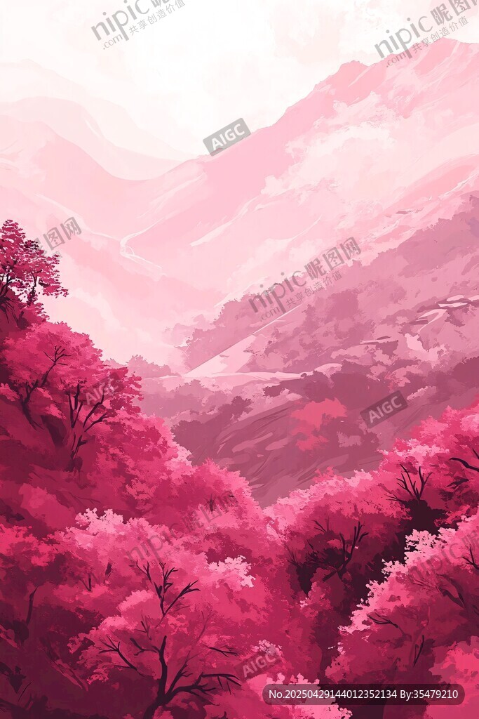 梦幻粉色山林风景图