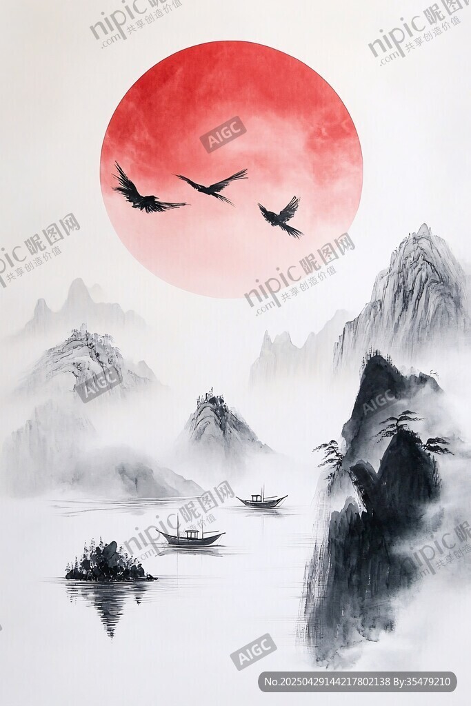 红日飞鸟映山水墨画