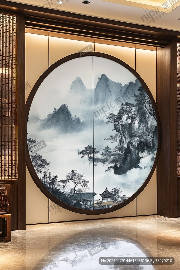 中式山水圆形屏风装饰画