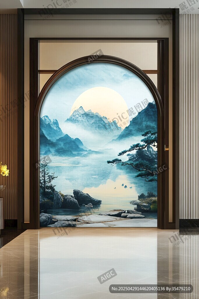 中式拱门山水玄关装饰画