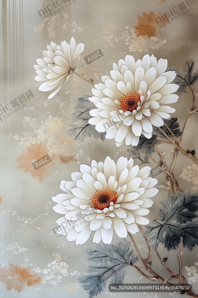 淡雅白菊水墨风花卉图