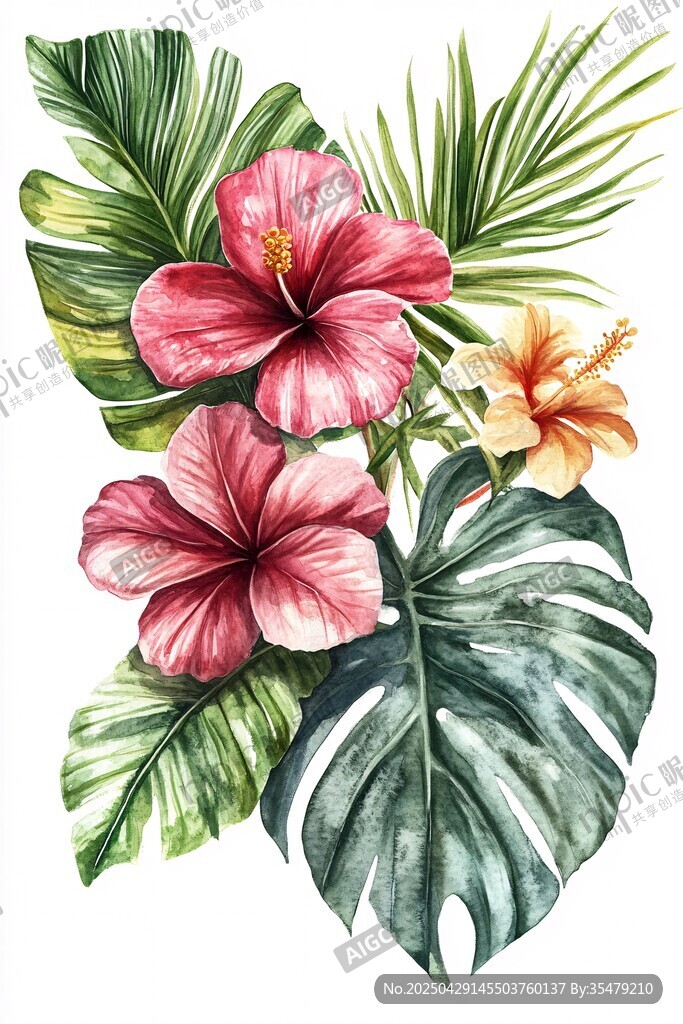 热带花卉与绿叶插画