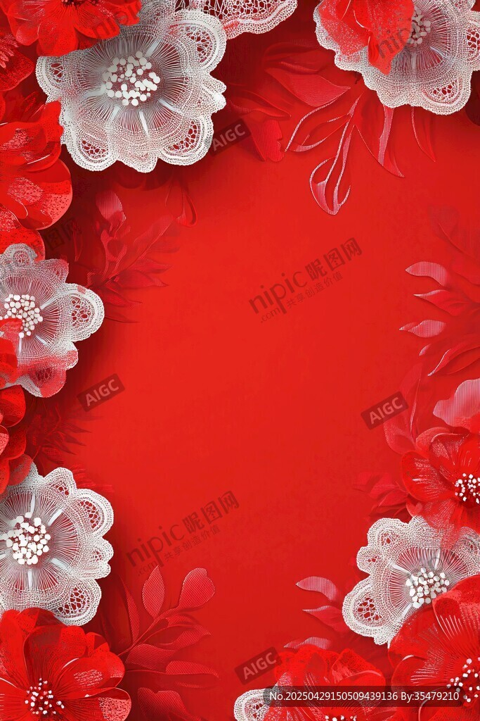 红色蕾丝花卉边框背景图