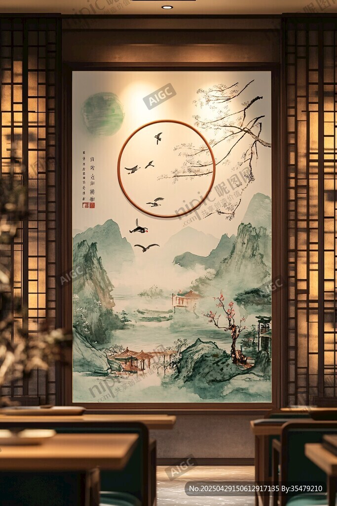 中式餐厅内的山水意境壁画
