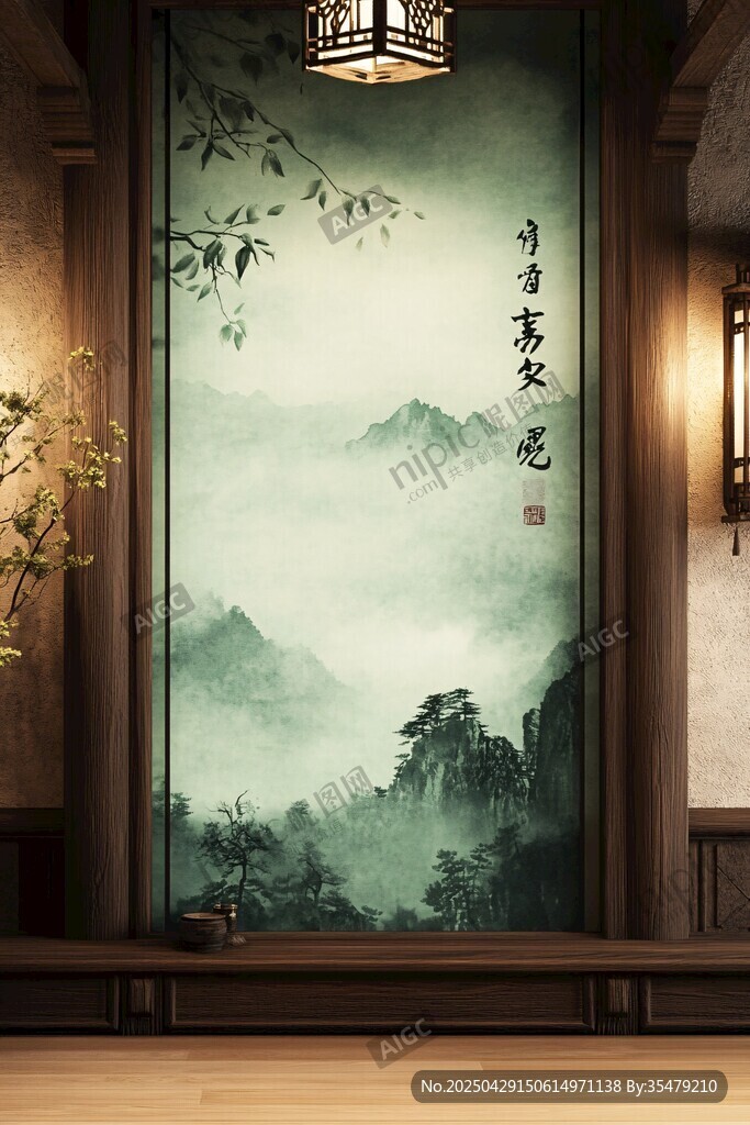 中式山水屏风室内景致
