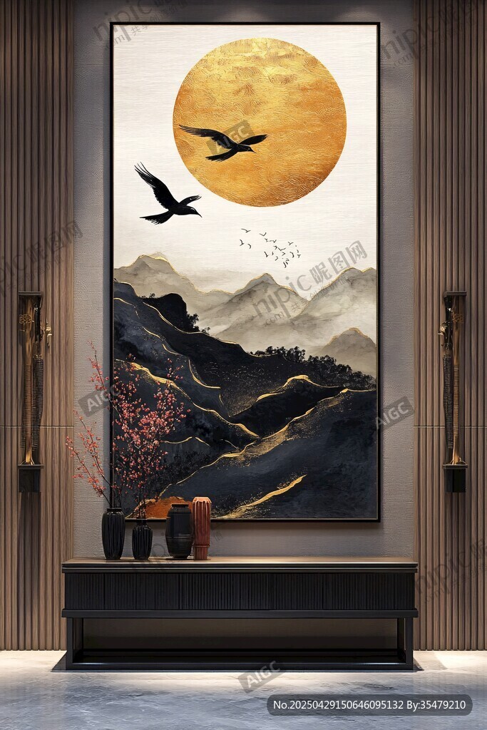 中式山水飞鸟圆月装饰画