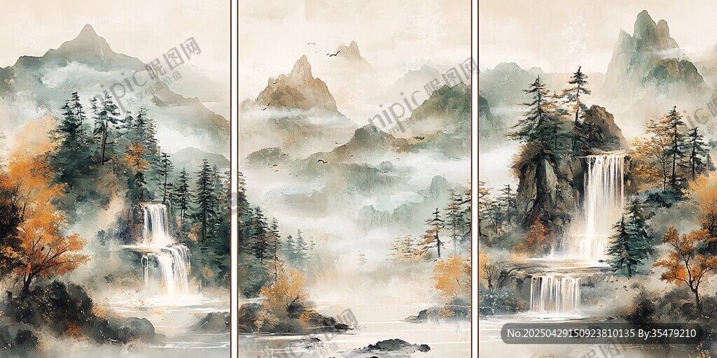 三联水墨山水秋景图