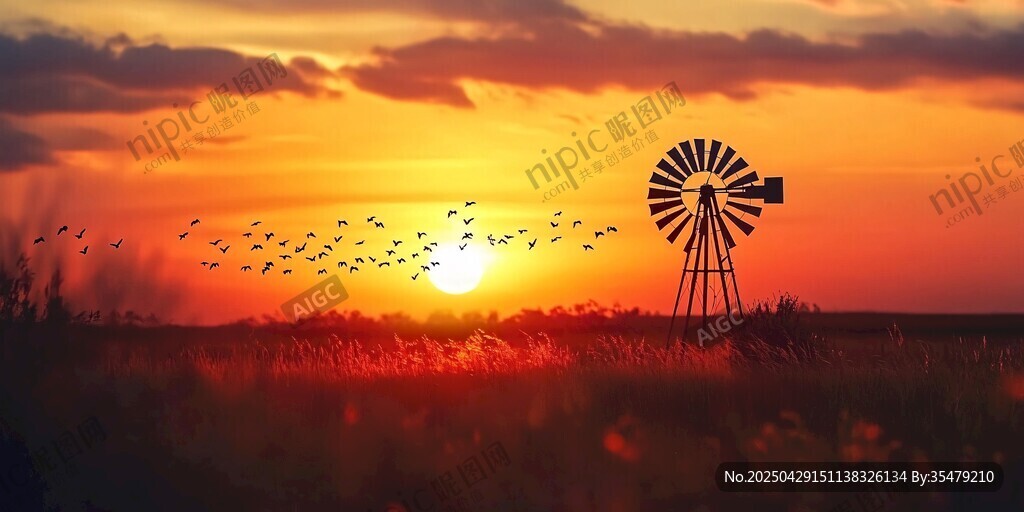 夕阳下的风车与飞鸟美景