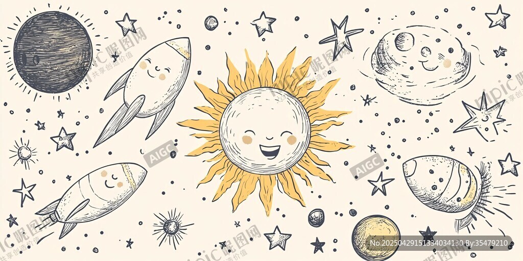 手绘可爱宇宙太空元素图
