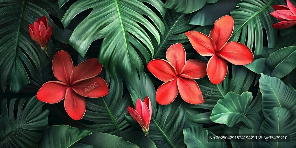 红花朵与绿芭蕉叶背景图