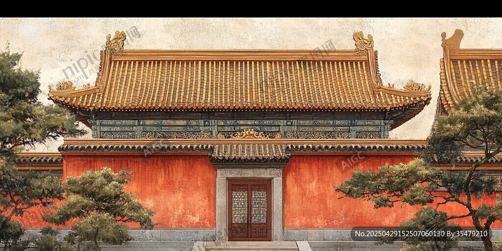 红墙金瓦的中式古典建筑