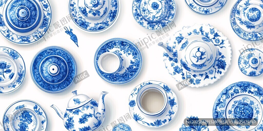 蓝白青花瓷茶具图案展示