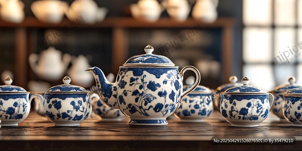 青花瓷茶具摆放在古朴木桌