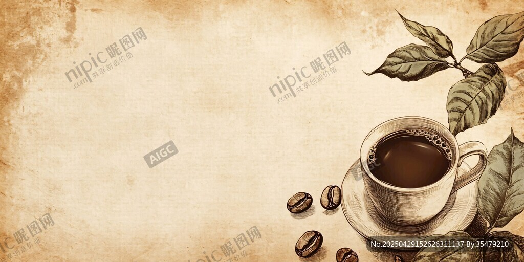 复古风咖啡杯与咖啡豆背景