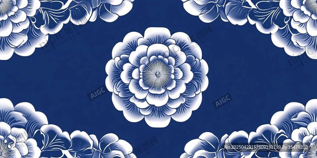 蓝底白牡丹中式花纹图案