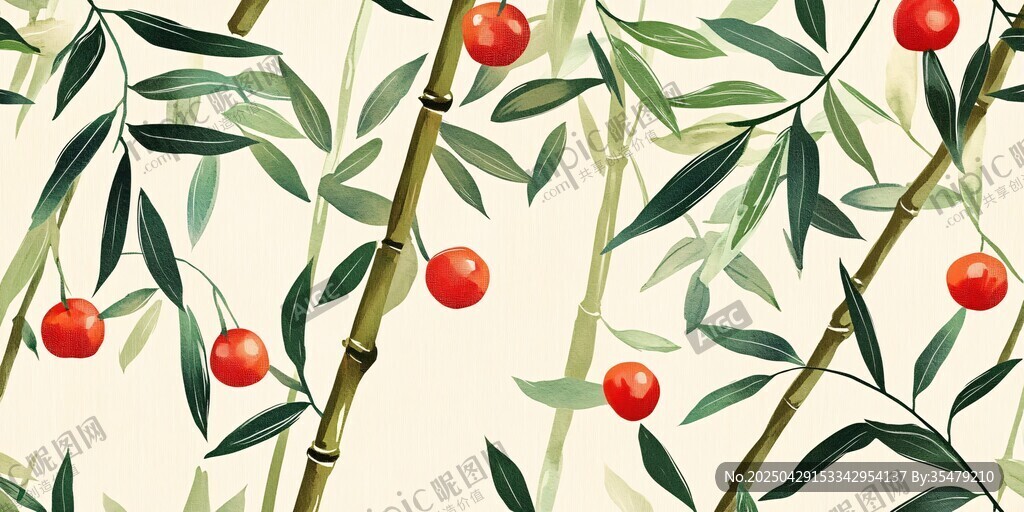 竹枝红果清新植物图案