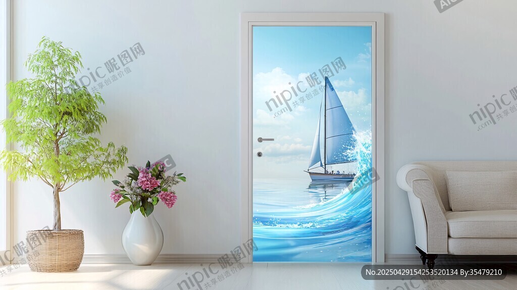 海上帆船门贴装饰画