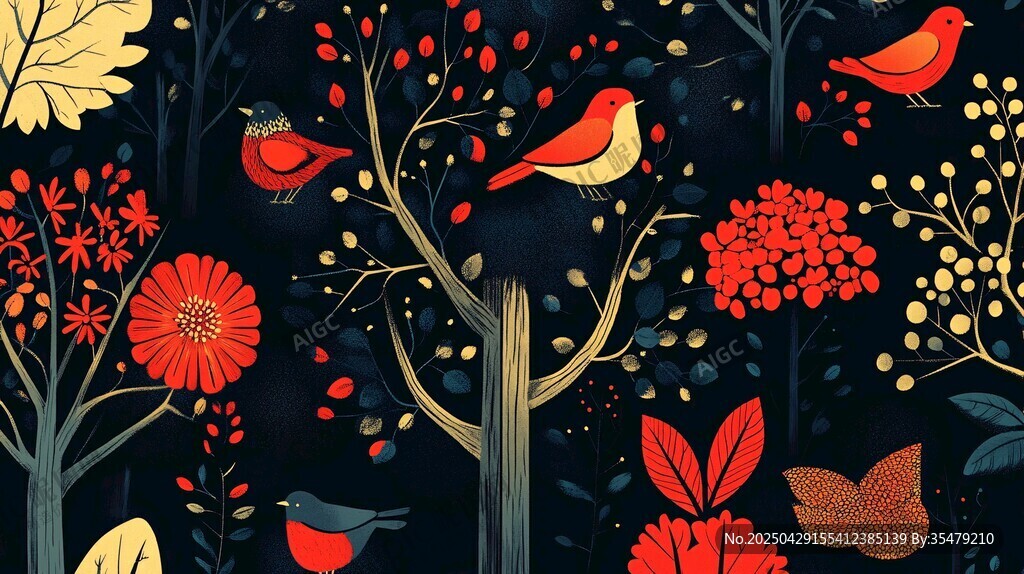 秋日花鸟缤纷插画图案