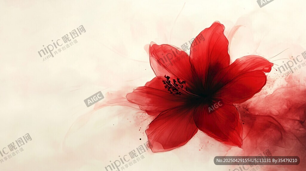 水墨红花朵 唯美艺术画面