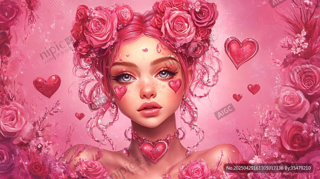 玫瑰甜心女孩梦幻插画