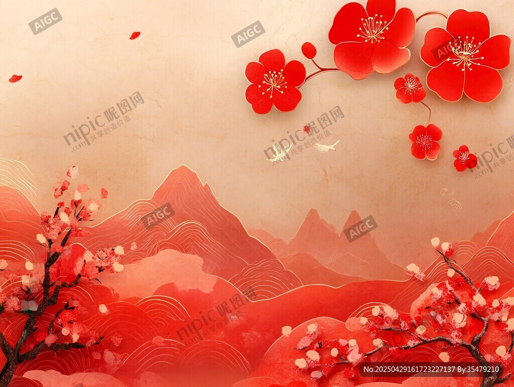 红梅映山景 中式意境美